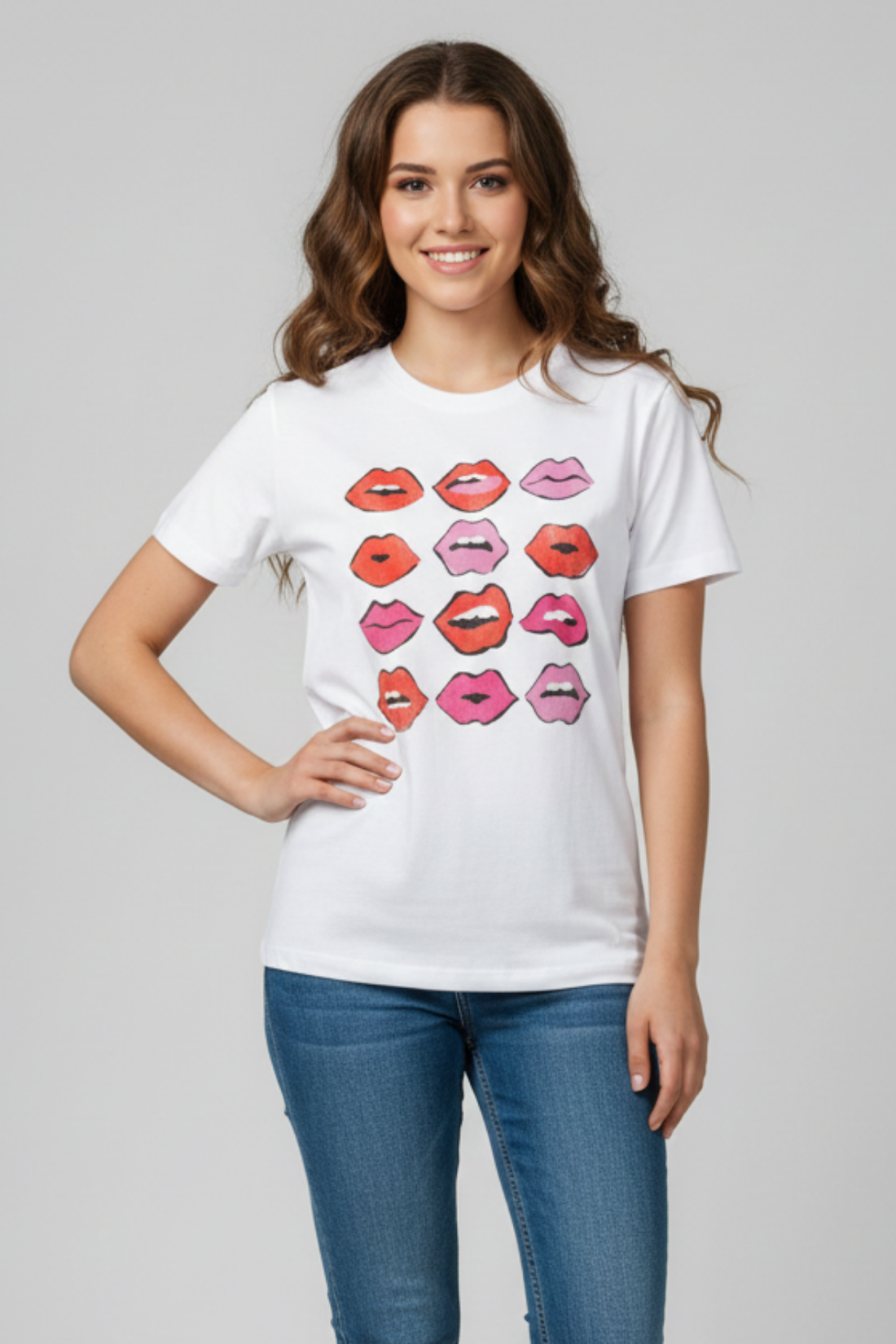 Woman wearing a white t-shirt with colorful lip designs on a gray background