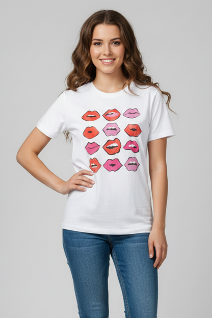 Woman wearing a white t-shirt with colorful lip designs on a gray background

