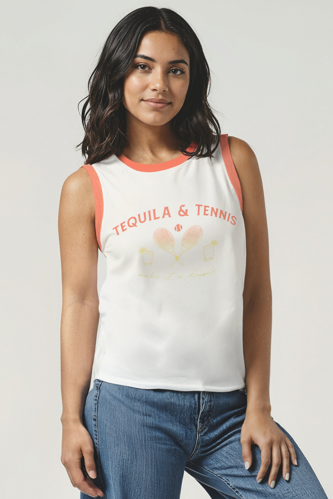 Woman wearing a white tank top with &