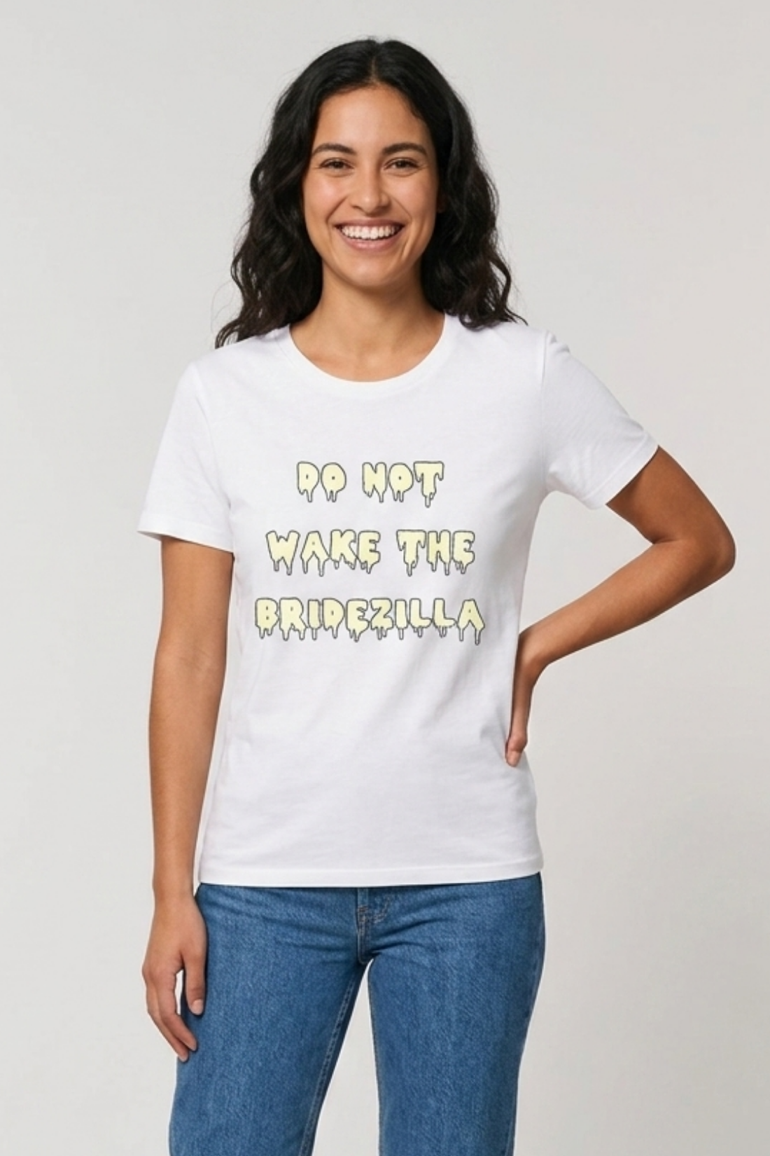 Woman wearing a white t-shirt with &