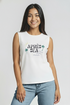 Woman wearing a white sleeveless shirt with &