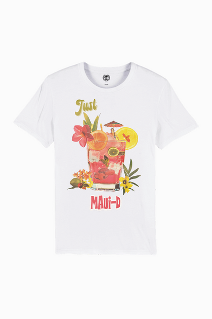 White t-shirt with a colorful graphic of a cocktail and text on a white background
