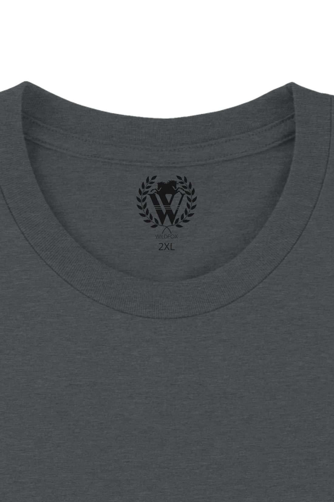 A zoomed in image of the collar showcasing the WildFox brand logo and t-shirt size.
