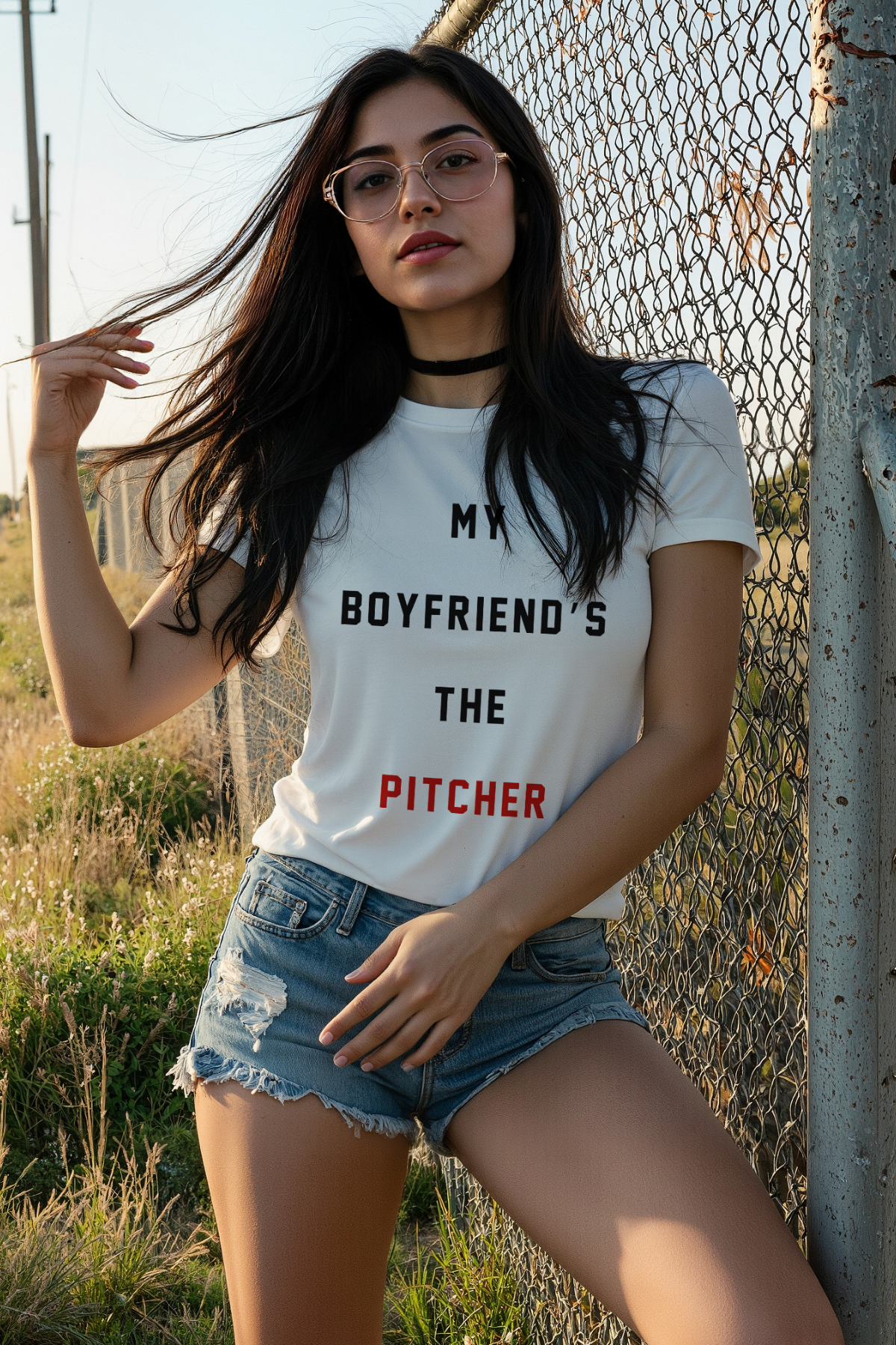 Woman wearing a white t-shirt with &