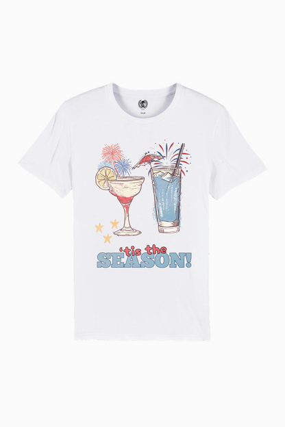 White t-shirt with cocktail graphic and &