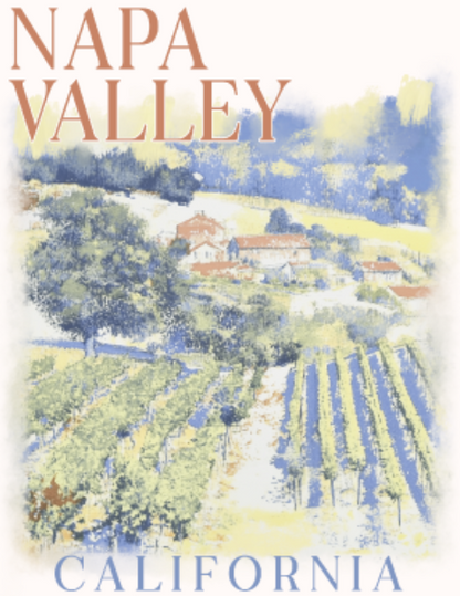 Illustration of Napa Valley with vineyards and a building, labeled &