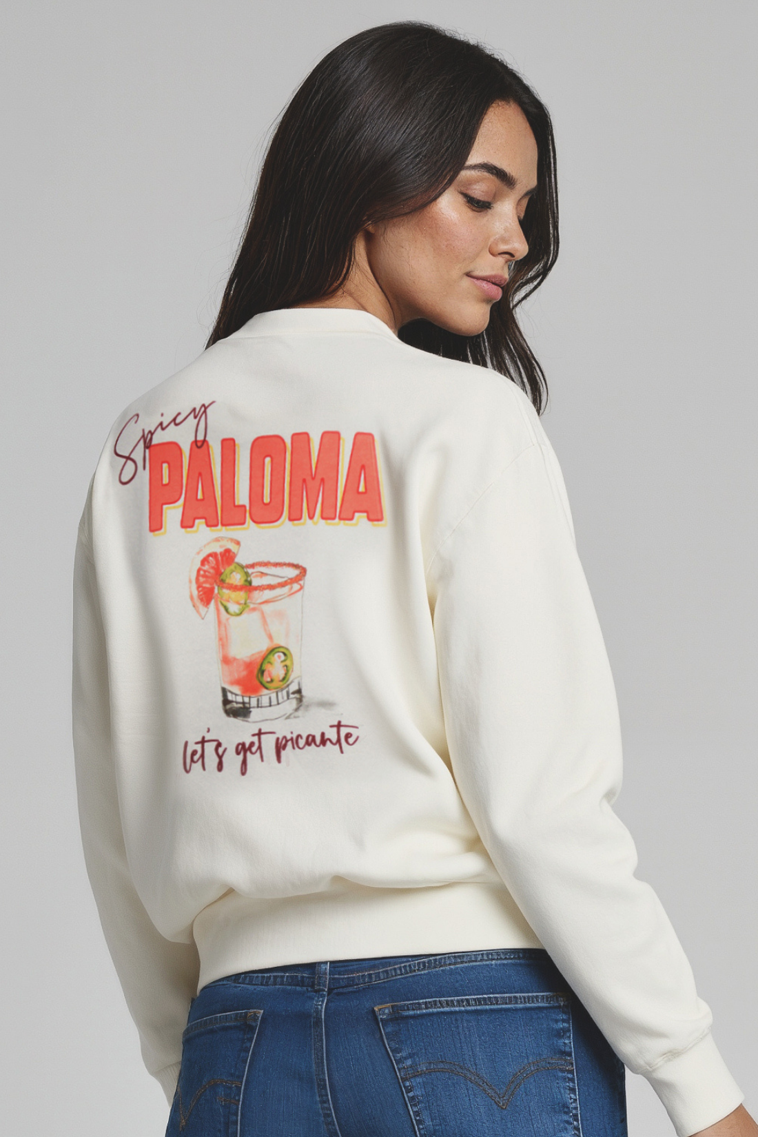 Back woman wearing a white sweatshirt with &