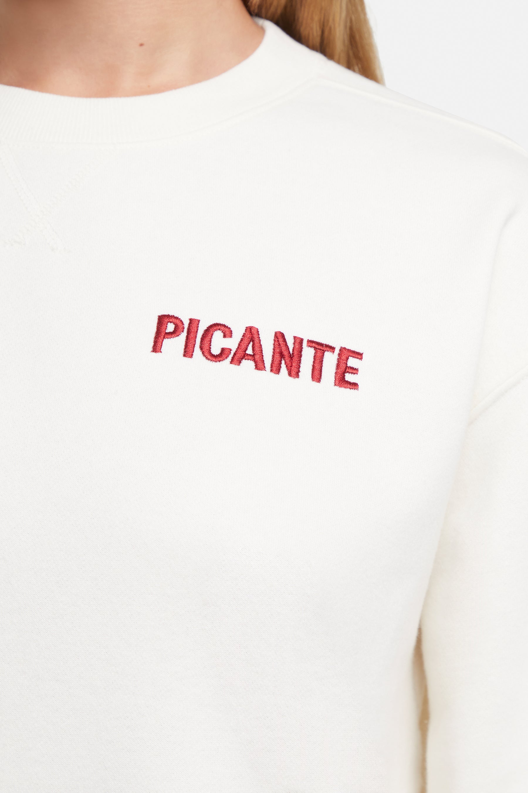 Close up of white sweatshirt with red &