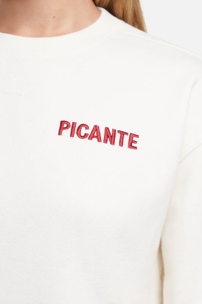 Close up of white sweatshirt with red &