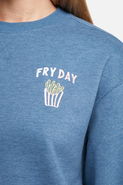Close up of blue sweatshirt with &