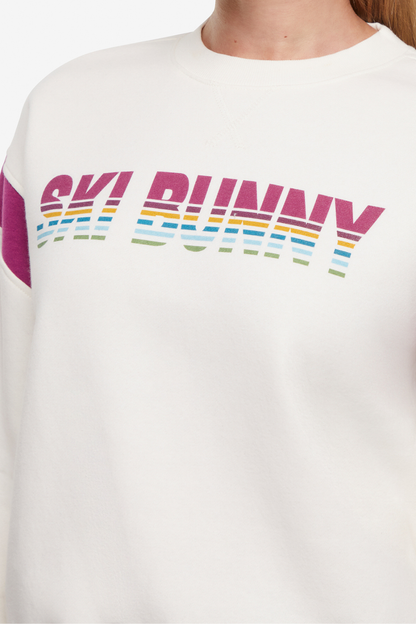Close up of White sweatshirt with colorful &