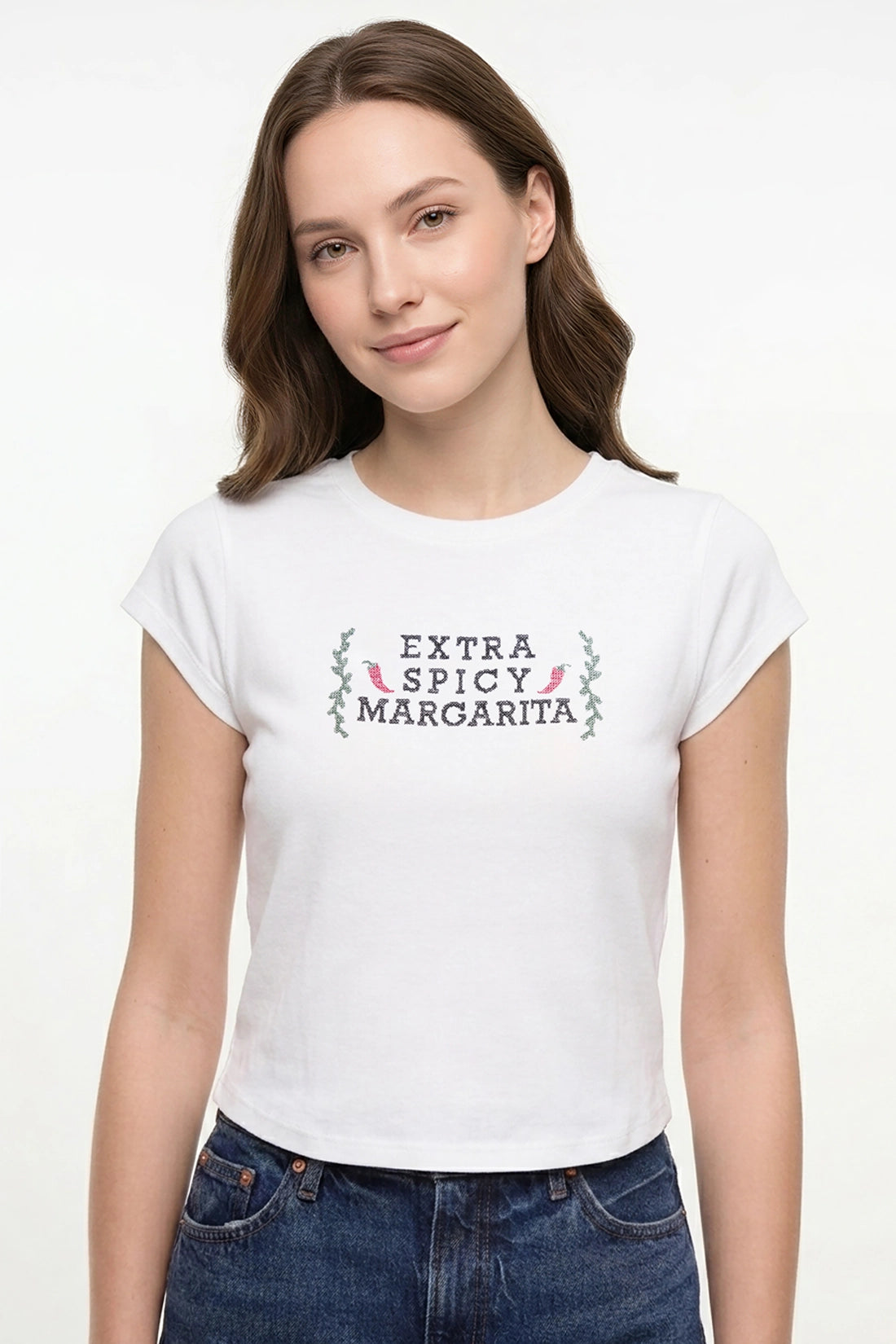 Front view of woman wearing a white t-shirt with &