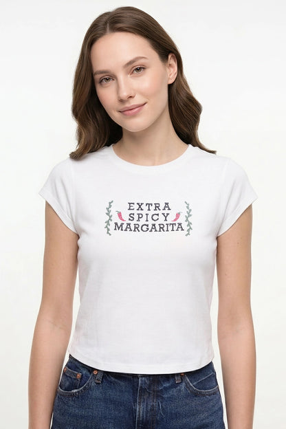 Front view of woman wearing a white t-shirt with &