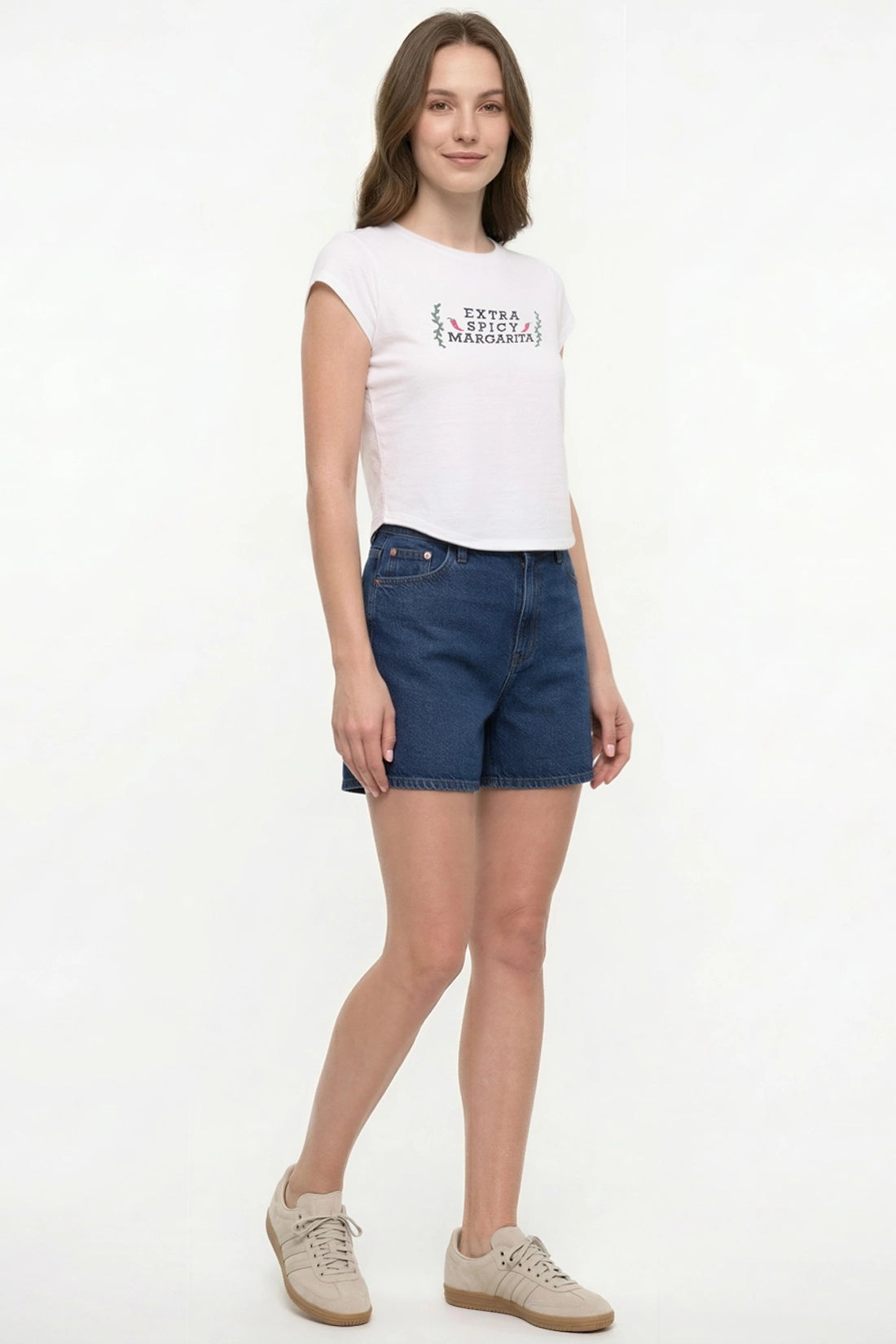 Side view of woman wearing a white t-shirt with &
