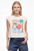 Front view of white t-shirt with "Aperol Spritz; Aperol State of Mind" text and graphic design featuring a cocktail and palm trees  on a white background. 