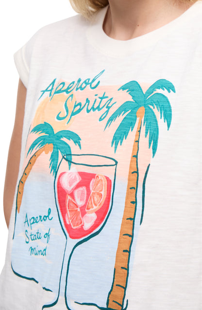 Close up view of white t-shirt with "Aperol Spritz; Aperol State of Mind" text and graphic design featuring a cocktail and palm trees  on a white background. 