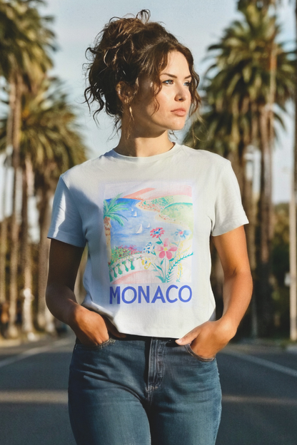 Woman wearing a t-shirt with a colorful graphic and &