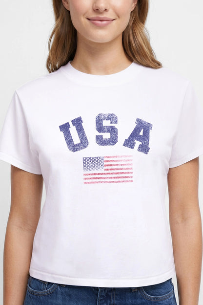 Close up front view of woman wearing a white t-shirt with &
