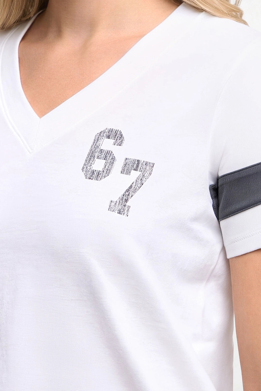 White short-sleeve V-neck T-shirt with a distressed gray &