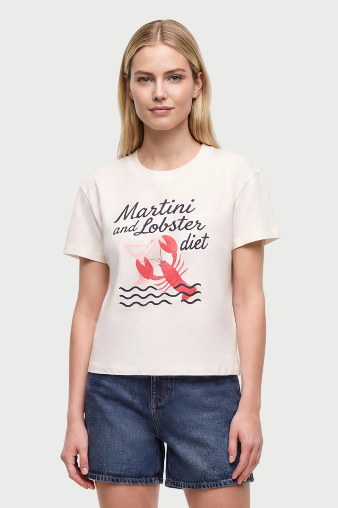 Front view of woman wearing a white t-shirt with &