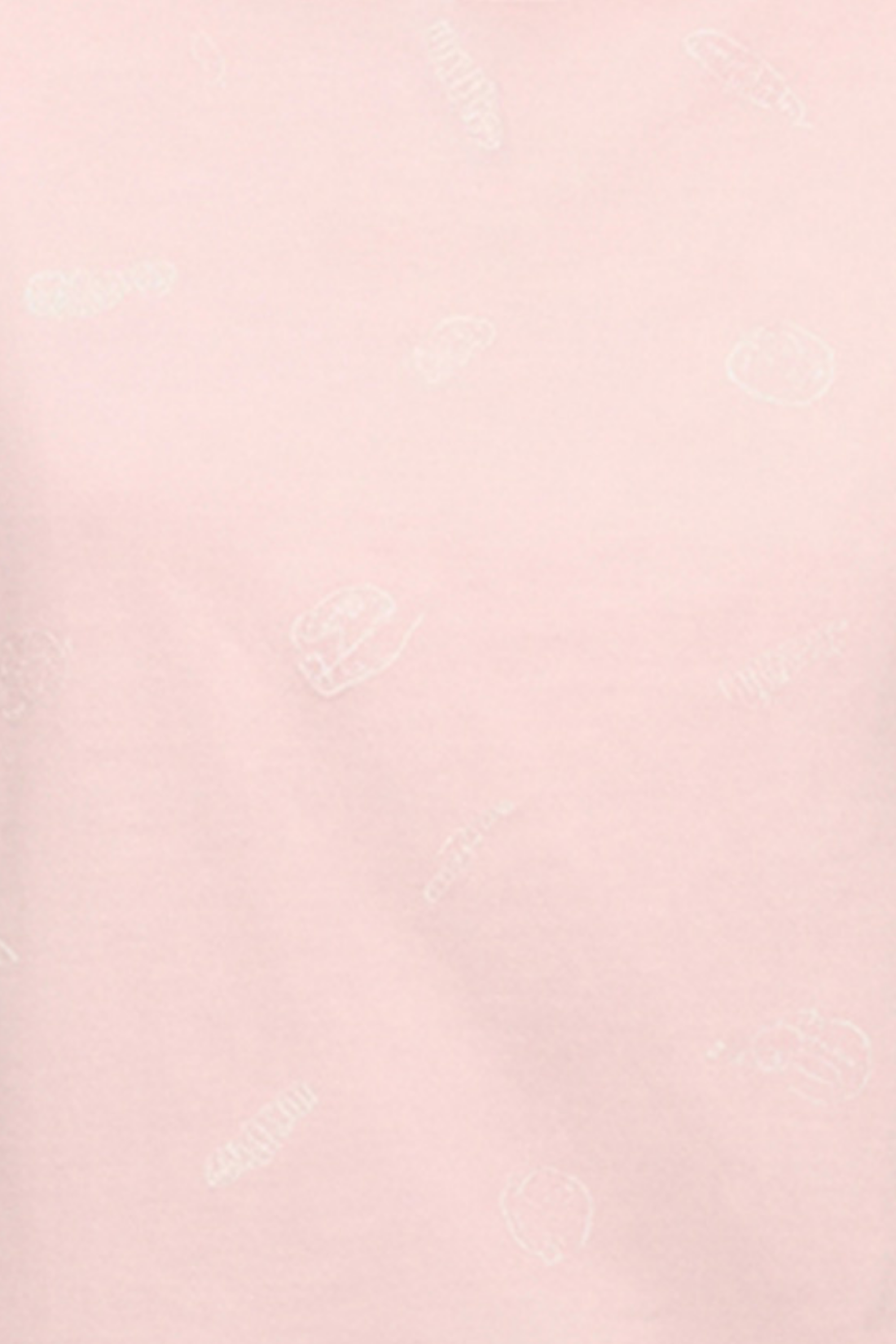 Close up view of a light pink t-shirt with pasta noodle shapes  pattern design. 