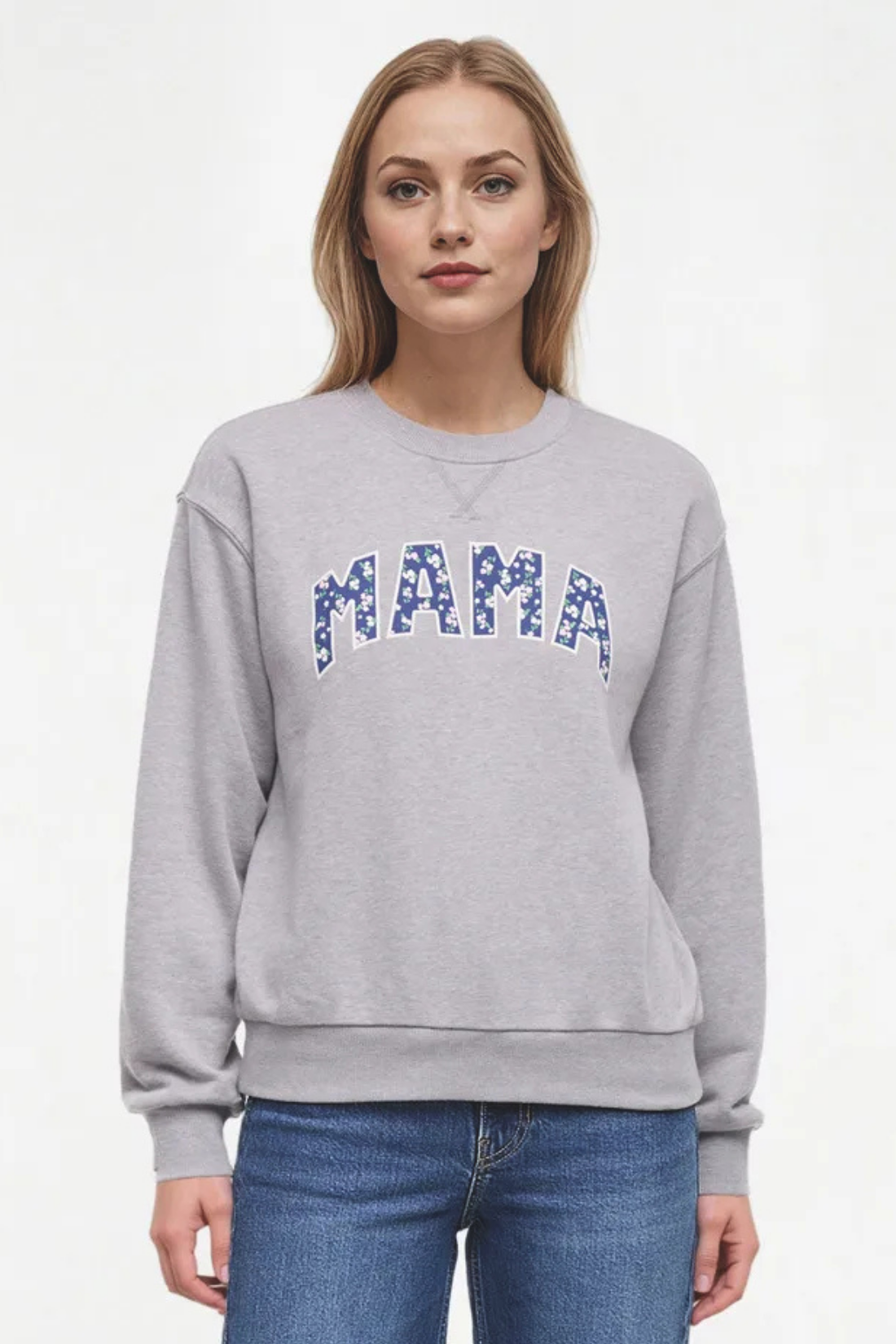 Front woman wearing a heather gray sweatshirt with &