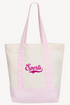 An off-white canvas tote bag with light pink handles and bottom trim, featuring the word &