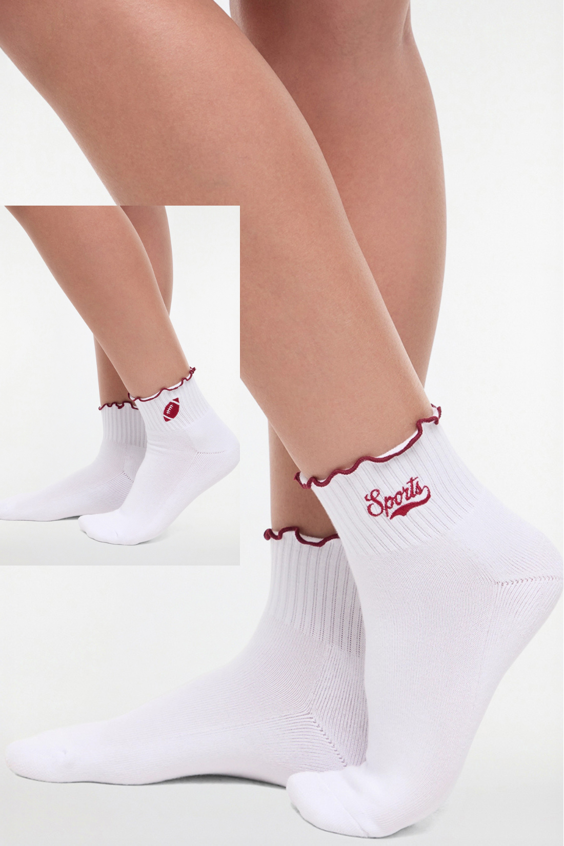 Side view of white socks with red trim and &
