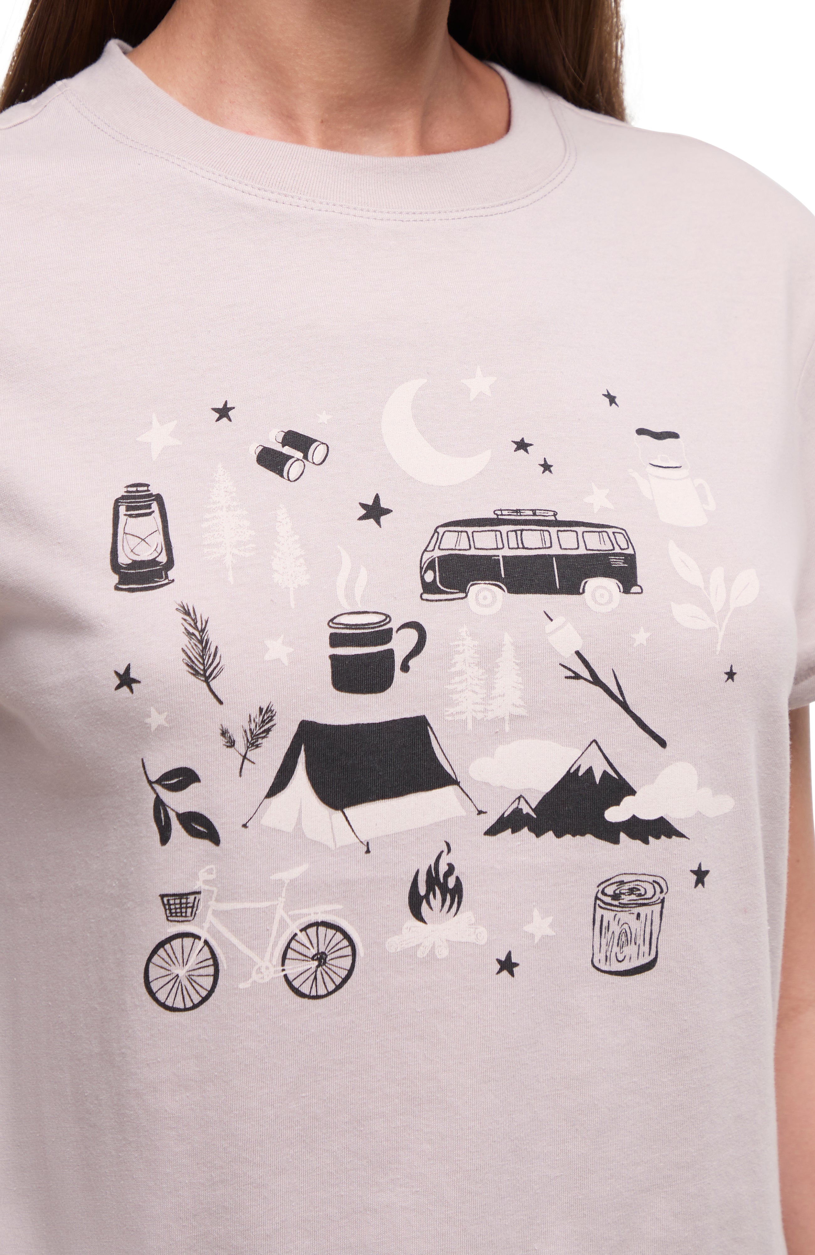 Close up front view of Gray t-shirt with black camping-themed graphics on a white background