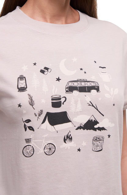 Close up front view of Gray t-shirt with black camping-themed graphics on a white background