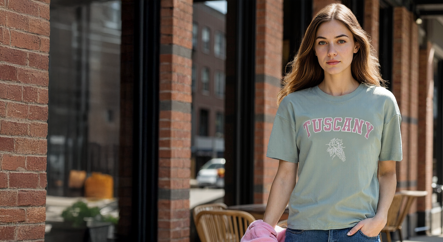 Woman wearing a olive green t-shirt with 'Tuscany' and grapevine design, standing outdoors near a brick building.