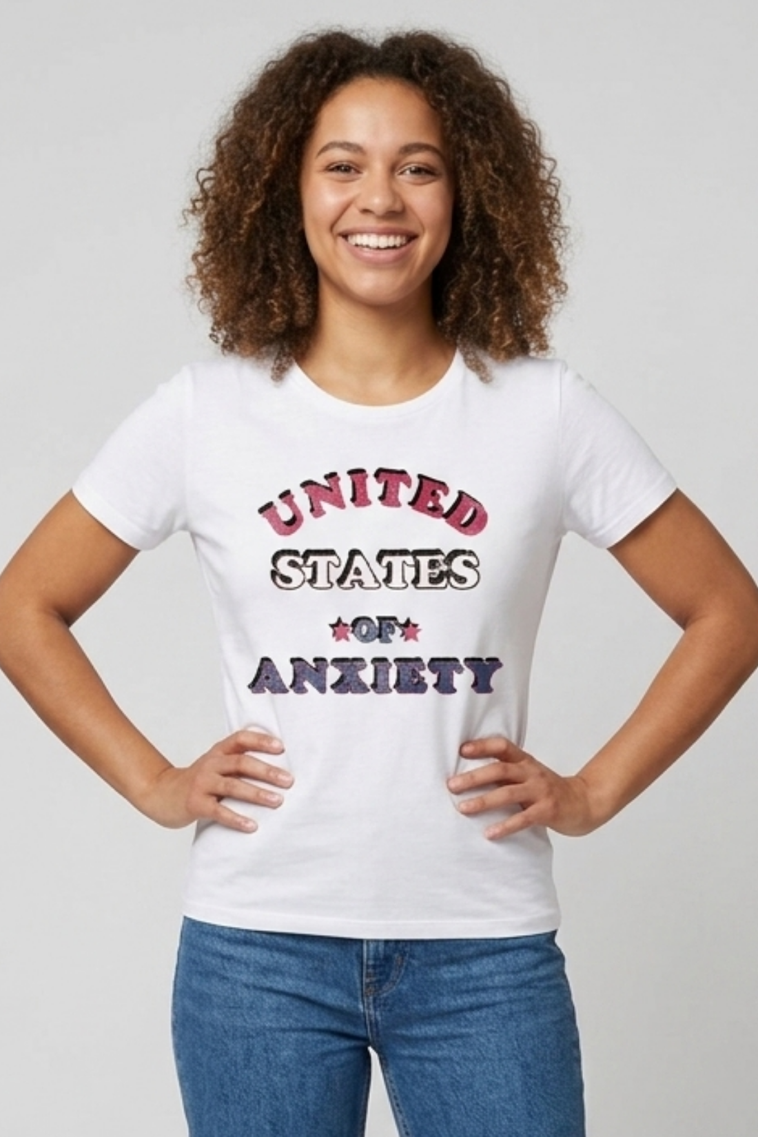 Woman wearing a white t-shirt with &