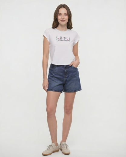 Video view of woman wearing a white t-shirt with &